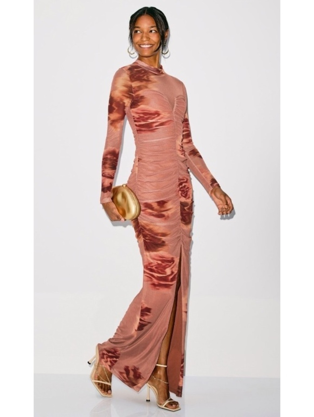 Black Halo Wendy Mesh Gown Floral Ruched Dress Size 4 Pink Long Sleeve Slit